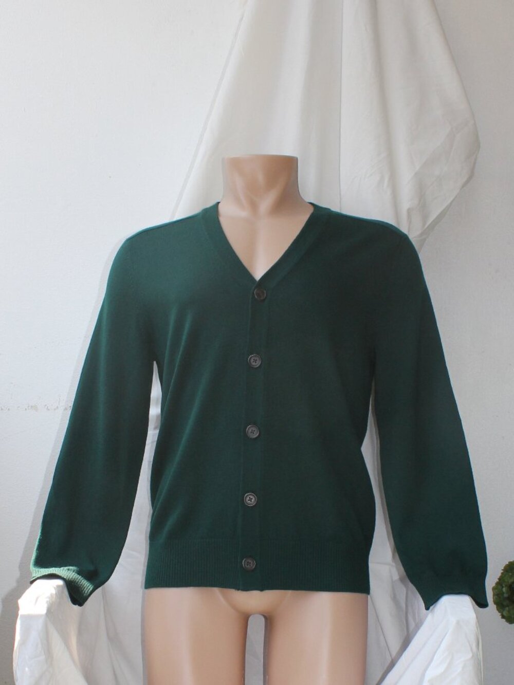 Banana Republic Mens Merino Wool Cardigan Green Houndstooth Elbow Patches Medium